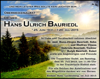 Traueranzeige von Hans Ulrich Bauriedl von Südthüringer Presse