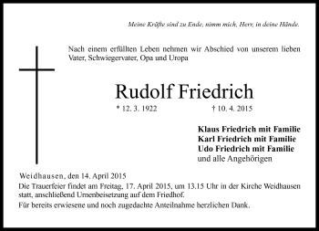 Traueranzeige von Rudolf Friedrich von Neue Presse Coburg