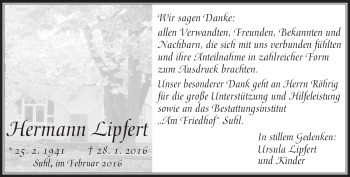 Traueranzeige von Hermann Lipfert von Südthüringer Presse
