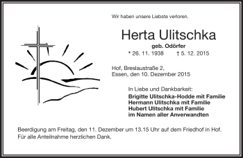 Traueranzeige von Herta Ulitschka von Frankenpost