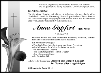 Traueranzeige von Anna Göpfert von Südthüringer Presse