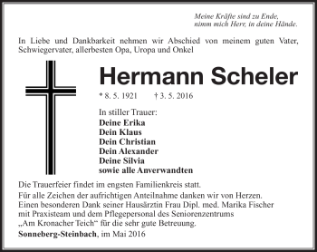 Traueranzeige von Hermann Scheler von Südthüringer Presse