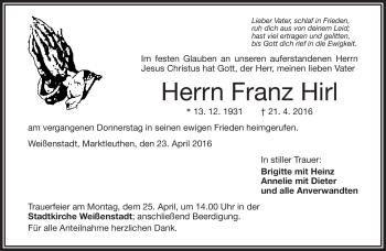 Traueranzeige von Franz Hirl von Frankenpost