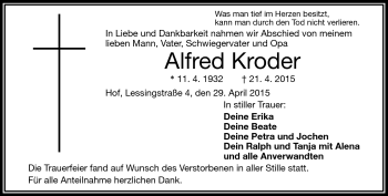 Traueranzeige von Alfred Kroder von Frankenpost