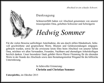 Traueranzeige von Hedwig Sommer von Südthüringer Presse