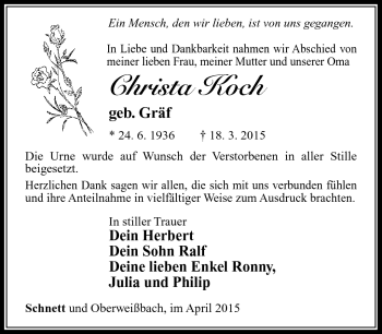 Traueranzeige von Christa Koch von Südthüringer Presse