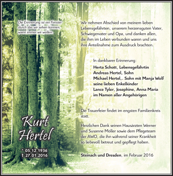 Traueranzeige von Kurt Hertel von Südthüringer Presse