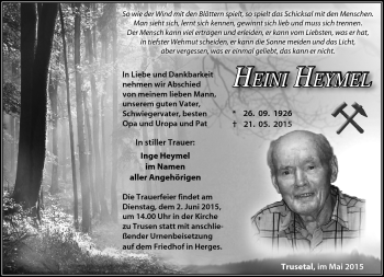 Traueranzeige von Heini Heymel von Südthüringer Presse
