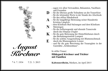 Traueranzeige von August Kirchner von Südthüringer Presse