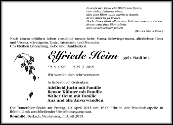Traueranzeige von Elfriede Heim von Südthüringer Presse