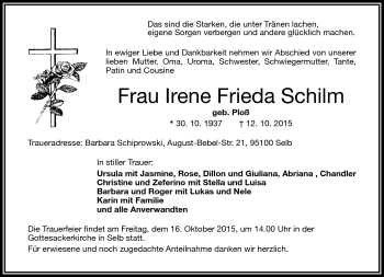 Traueranzeige von Irene Frieda Schilm von Frankenpost