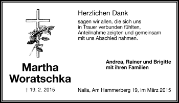 Traueranzeige von Martha Woratschka von Frankenpost