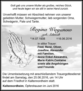 Traueranzeige von Regina Waganow von Südthüringer Presse