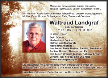 Traueranzeige von Waltraud Landgraf von Südthüringer Presse