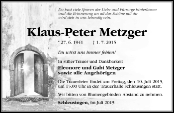 Traueranzeige von Klaus-Peter Metzger von Südthüringer Presse