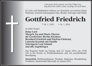 Traueranzeige von Gottfried Friedrich von Südthüringer Presse