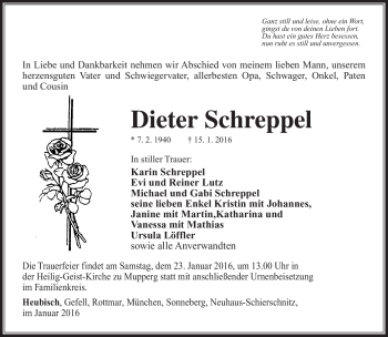 Traueranzeige von Dieter Schreppel von Südthüringer Presse