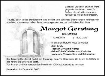Traueranzeige von Margot Gerstung von Südthüringer Presse