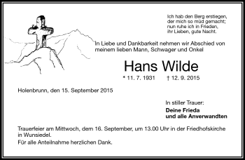 Traueranzeige von Hans Wilde von Frankenpost