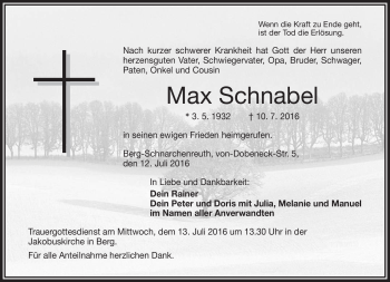 Traueranzeige von Max Schnabel von Frankenpost