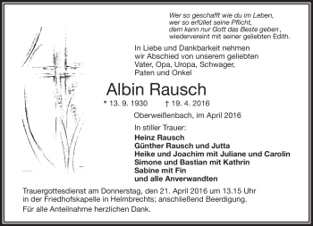 Traueranzeige von Albin Rausch von Frankenpost