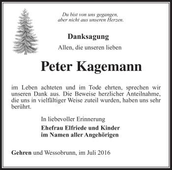 Traueranzeige von Peter Kagemann von Südthüringer Presse