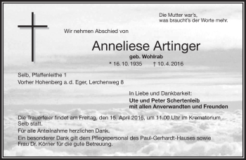Traueranzeige von Anneliese Artinger von Frankenpost