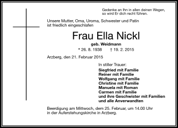 Traueranzeige von Ella Nickl von Frankenpost