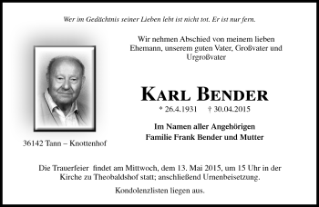 Traueranzeige von Karl Bender von Südthüringer Presse