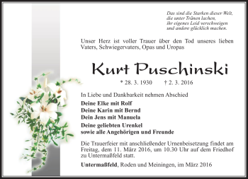 Traueranzeige von Kurt Puschinski von Südthüringer Presse