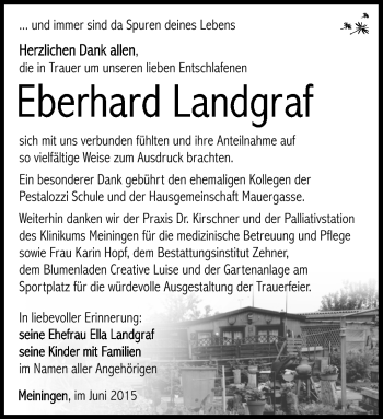Traueranzeige von Eberhard Landgraf von Südthüringer Presse