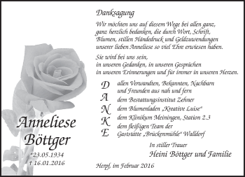 Traueranzeige von Anneliese Böttger von Südthüringer Presse