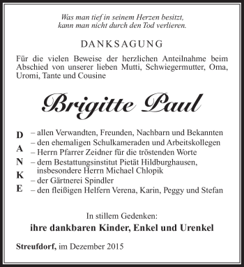 Traueranzeige von Brigitte Paul von Südthüringer Presse