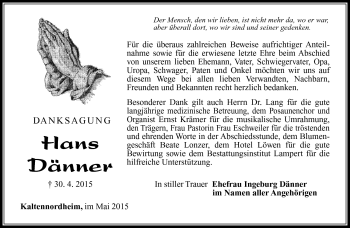 Traueranzeige von Hans Dänner von Südthüringer Presse