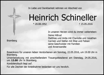 Traueranzeige von Heinrich Schineller von Neue Presse Coburg