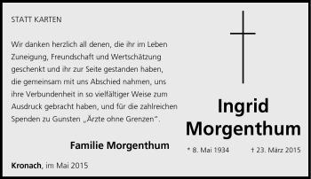 Traueranzeige von Ingrid Morgenthum von Neue Presse Coburg