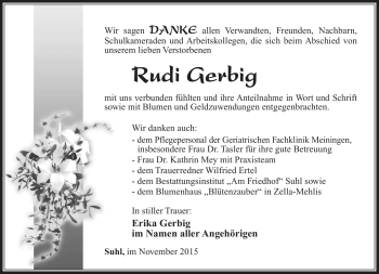 Traueranzeige von Rudi Gerbig von Südthüringer Presse