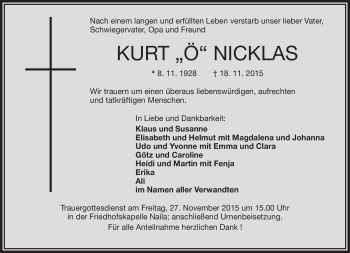 Traueranzeige von Kurt Nicklas von Frankenpost