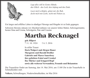 Traueranzeige von Martha Recknagel von Südthüringer Presse
