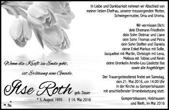 Traueranzeige von Ilse Roth von Südthüringer Presse