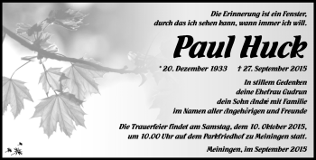 Traueranzeige von paul Huck von Südthüringer Presse