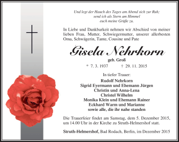 Traueranzeige von Gisela Nehrkorn von Südthüringer Presse