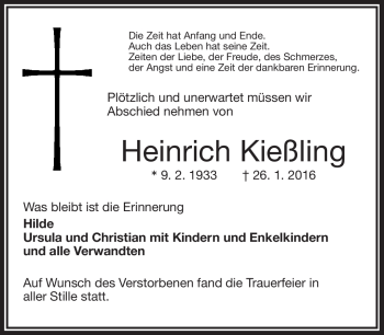 Traueranzeige von Heinrich Kießling von Frankenpost