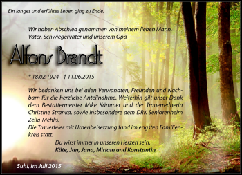 Traueranzeige von Alfons Brandt von Südthüringer Presse
