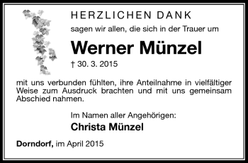 Traueranzeige von Münzel Werner von Südthüringer Presse