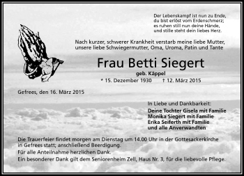 Traueranzeige von Betti Siegert von Frankenpost