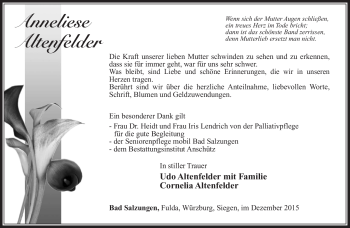 Traueranzeige von Anneliese Altenfelder von Südthüringer Presse
