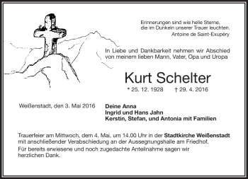 Traueranzeige von Kurt Schelter von Frankenpost