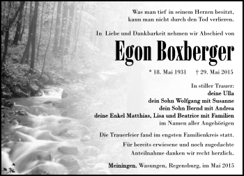 Traueranzeige von Egon Boxberger von Südthüringer Presse