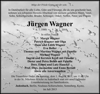 Traueranzeige von Jürgen Wagner von Südthüringer Presse